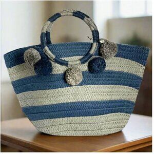 BTB Los Angeles Beach Tote Large Blue Striped Pompom Straw Bag Top Handles